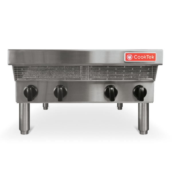 Silver cooktop with legs and black knobs